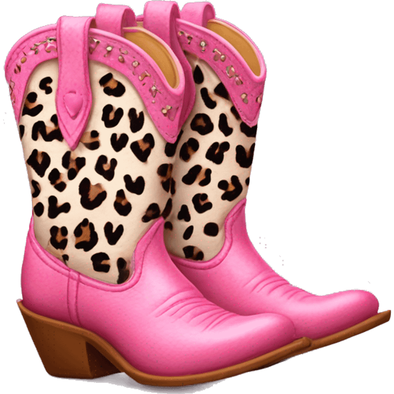 Realistic pair of isolated leather cowgirl boots with pink leopard print hearts on them. emoji