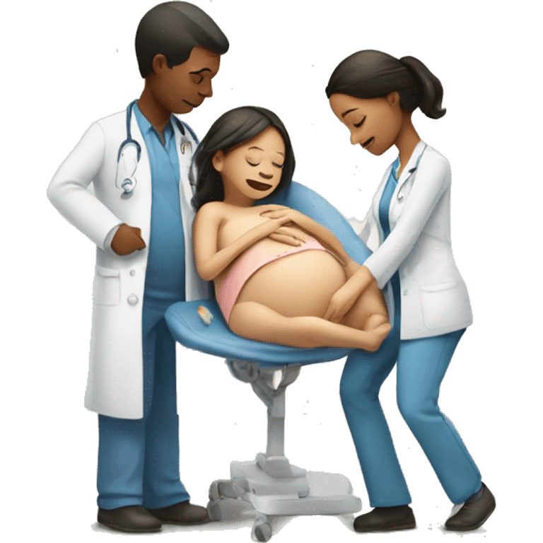 a pregnant woman gives birth and doctors stand nearby emoji