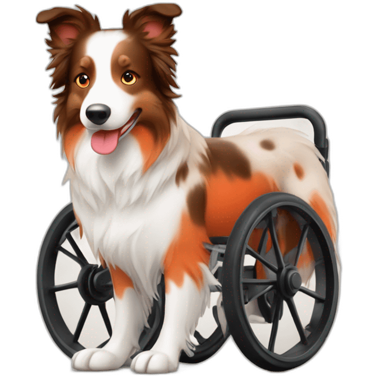 white beige red merle border collie in orange wheel chair emoji