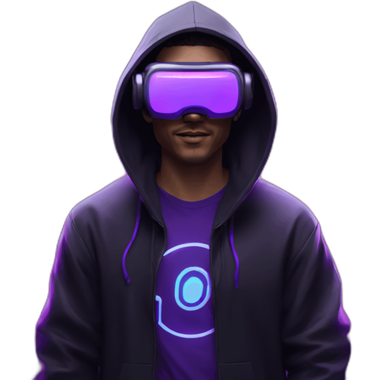 Cyberpunk style. Violet neon. Man with white-light skin in the black hoody with violet OMG VR logo on it wearing vr headset oculus quest 2 emoji