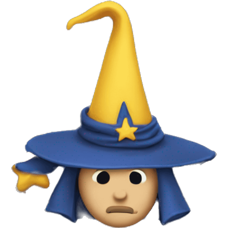 sad wizard wearing a dark blue pointy hat with yellow stars on it emoji