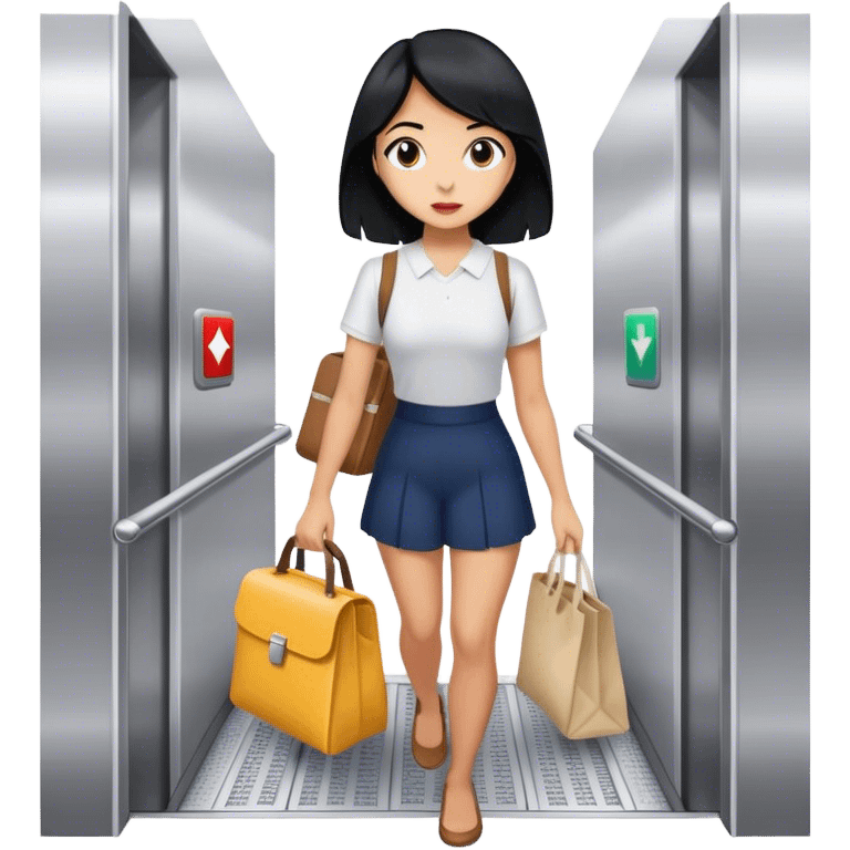 Going down an elevator ready for work with lunchbox and tote bag girl with black hair  emoji