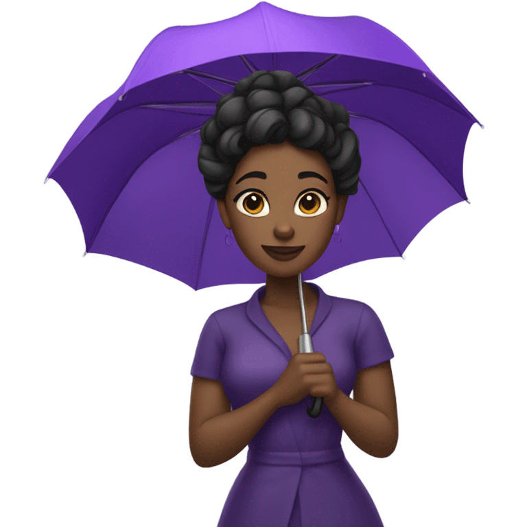 Dark skinned black woman with a updo twist hairstyle in the rain with a purple umbrella  emoji