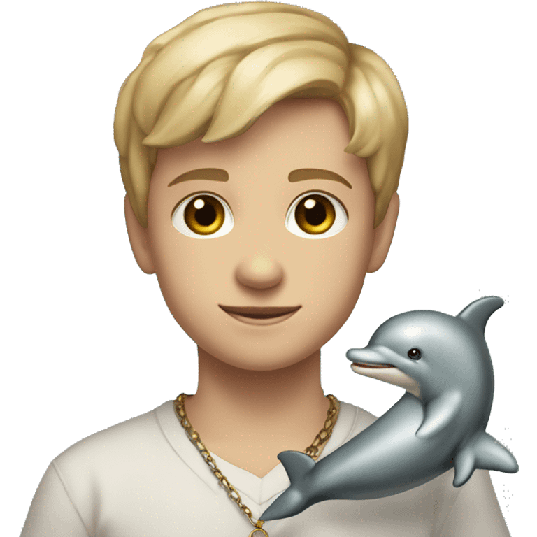 Full torso shot of short Blonde hair brown eyes 4th grade boy wearing orthodox cross necklace holding dolphin stuffed animal emoji