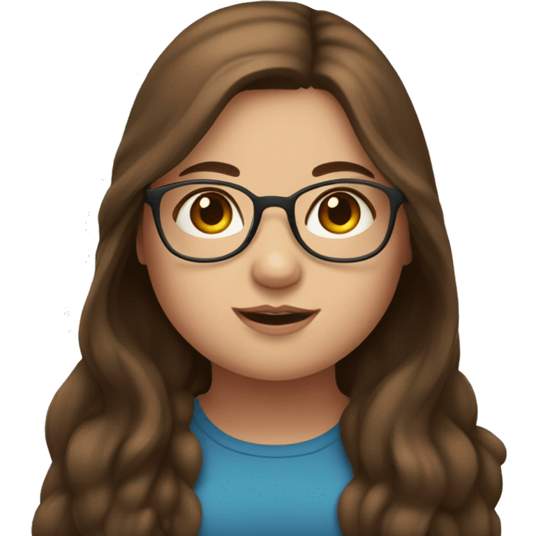 chubby girl with long brown hair, blue eyes and brown glasses emoji