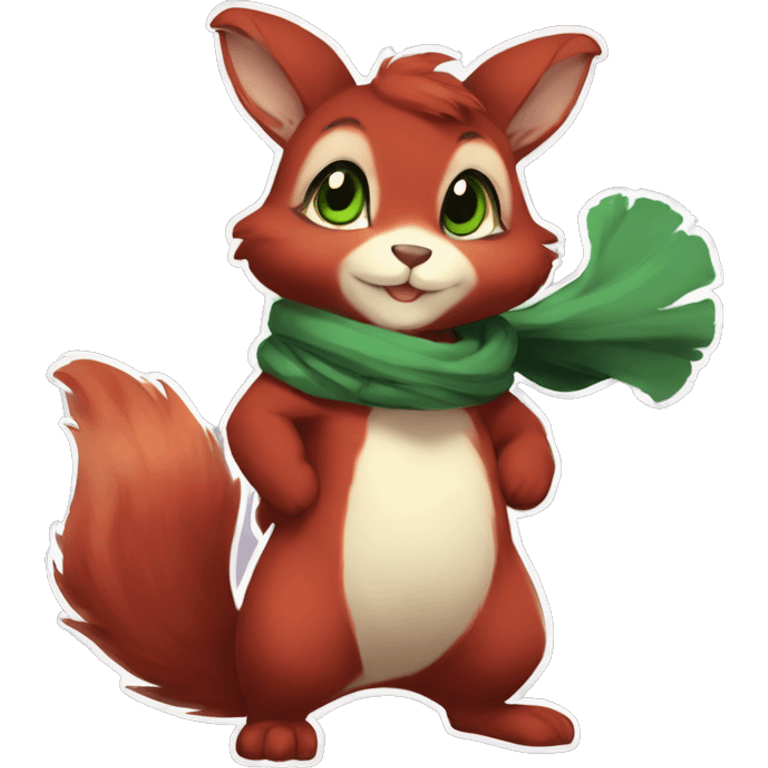 Cute, Chibi, chubby, fluffy, Kemono-style, Anthro, Fur-Sona, Dark-Red, Squirrel-Rabbit-hybrid-Fakémon, with a green scarf, full body emoji