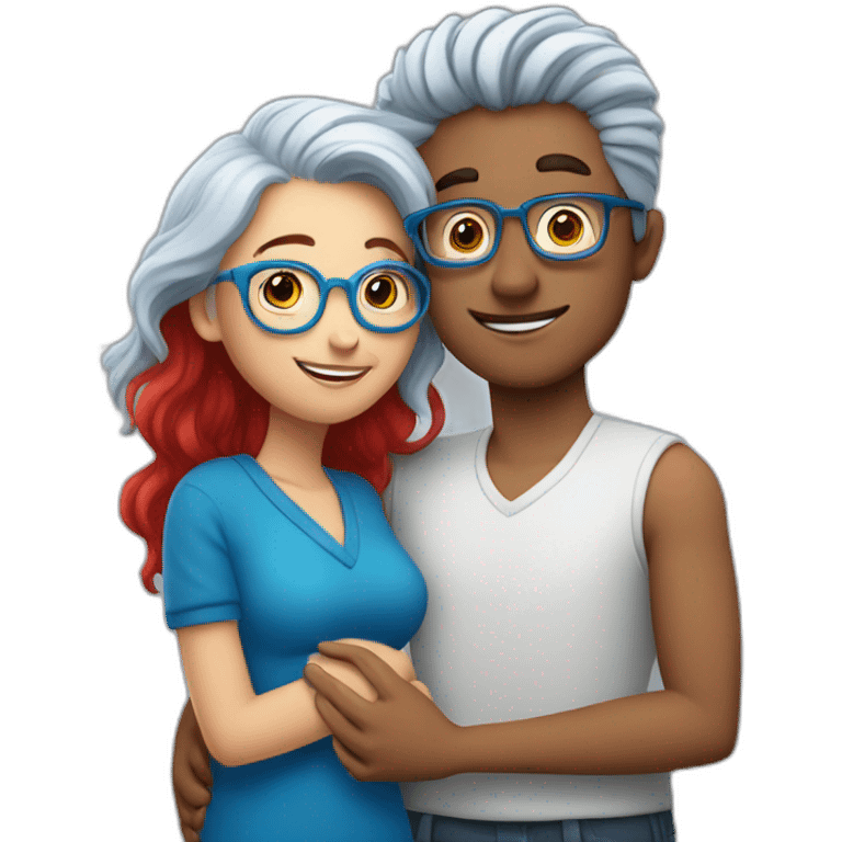 a boy with silver hair and a curvy girl with red hair and blue glasses hugging emoji