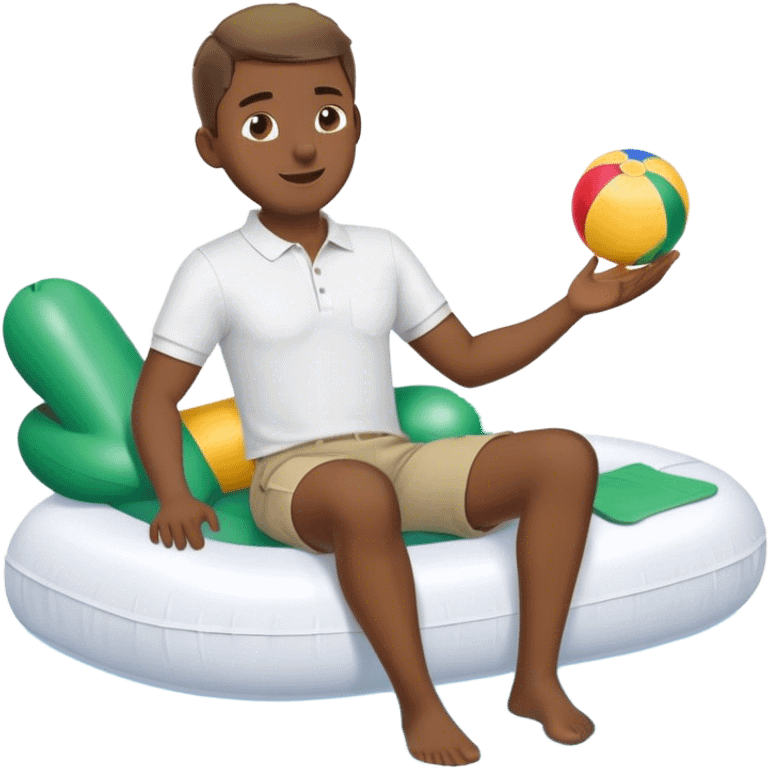 Pool attendant. white polo shirt. khaki shorts. african. sitting on a swimming pool float emoji