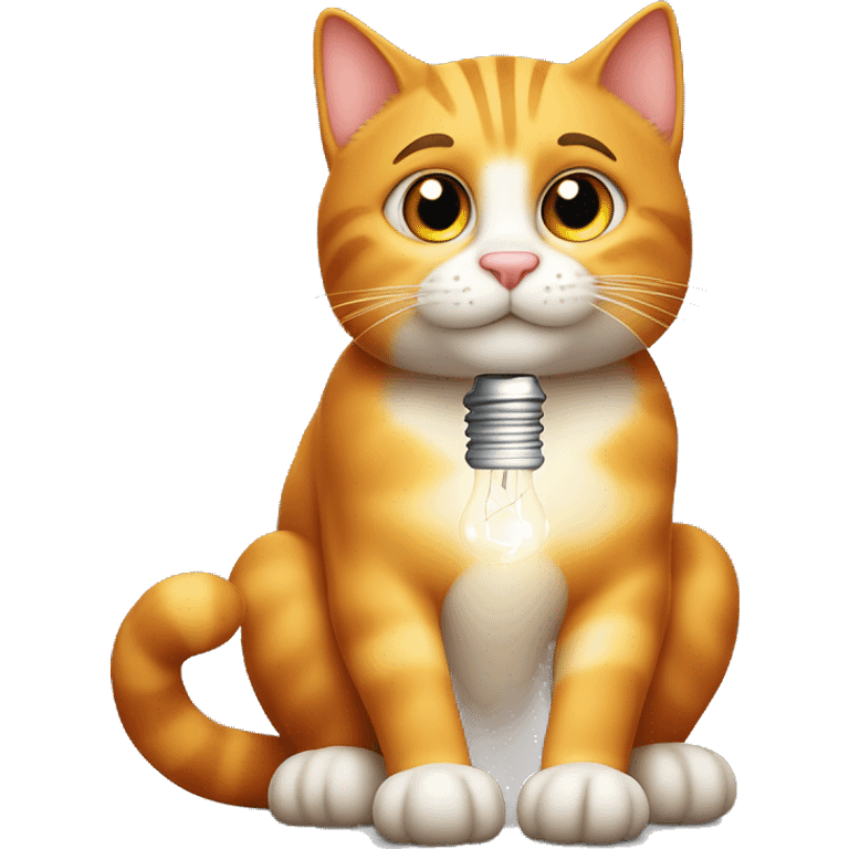 A cute orange tabby cat sitting upright with one paw on its chin, head slightly tilted as if deep in thought. The cat’s eyes are squinting, and a small glowing lightbulb hovers above its head. emoji