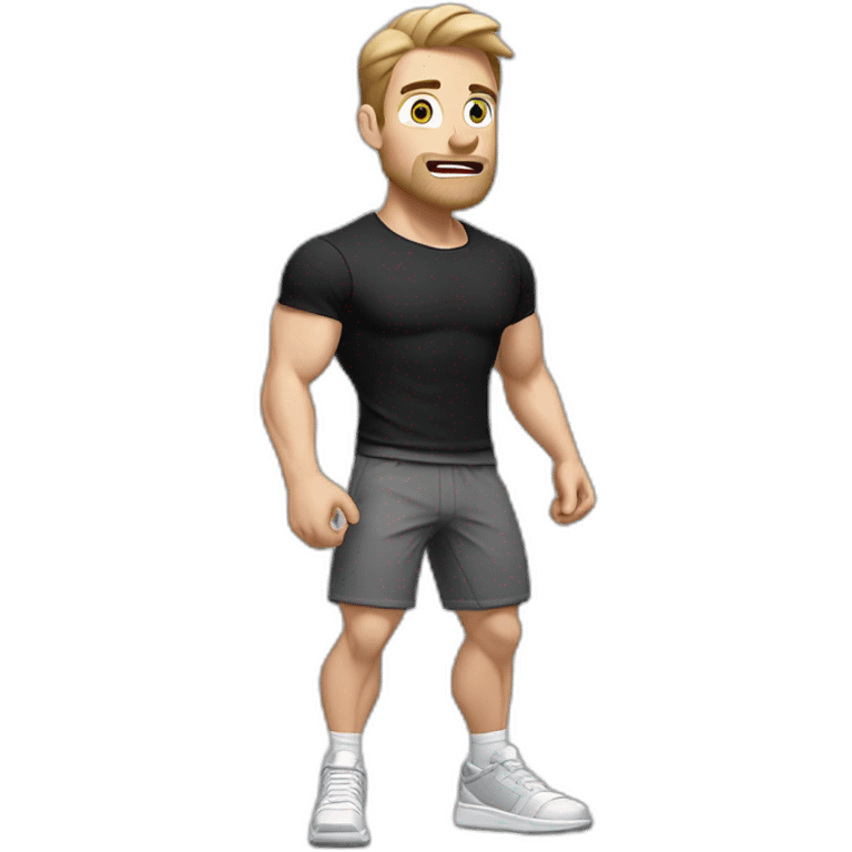 amazed In shock Pale skinned Fit Man With the biceps and dark brown hair in black shirt, gray sports shorts and white Sneakers emoji