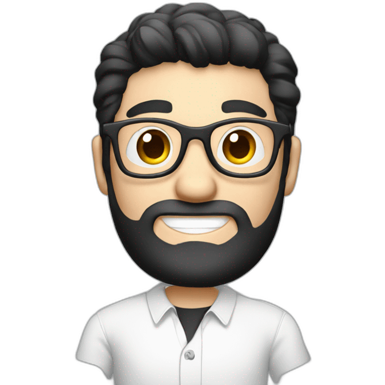 male virtual assistant with a smiling  holding a digital tablet or stylus wearing eye glasses and white shirt black hair emoji