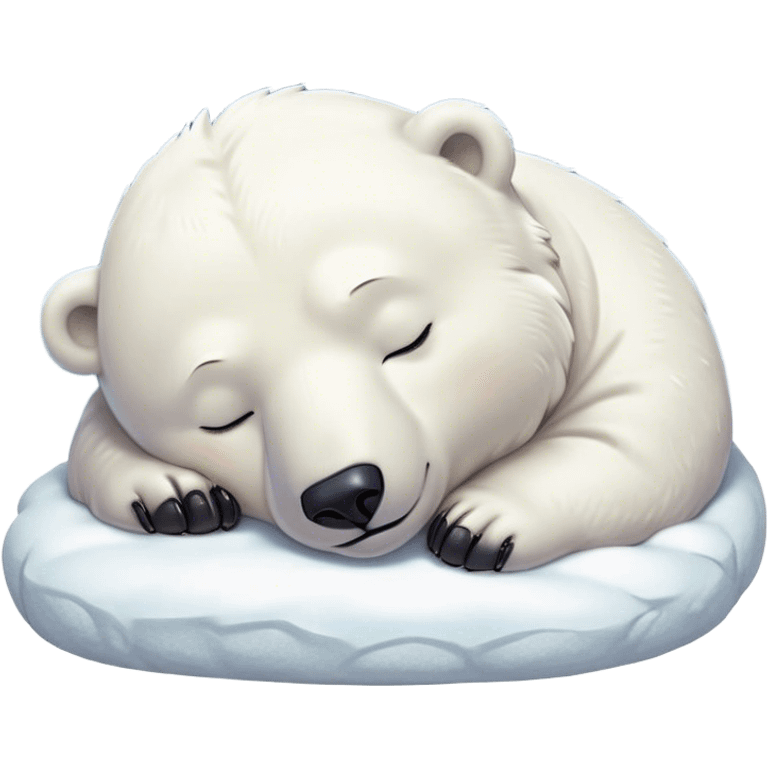 Meme-Worthy cute Sleeping Polar Bear Portrait Emoji, Head resting peacefully with a contented smile, showcasing a luxuriously soft snowy coat and eyes closed in serene slumber, Simplified yet hilariously adorable features, highly detailed, glowing with a soft, drowsy polar light, high shine, relaxed and utterly lovable, stylized with an air of playful laziness, bright and heartwarming, soft glowing outline, capturing the essence of a sleeping polar guardian that feels destined to become the next viral sensation of adorable rest! emoji