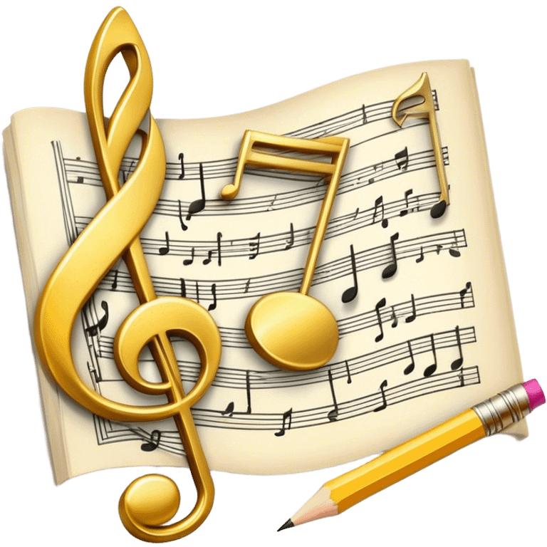 Create a bright and artistic emoji that represents music composition. The design should feature musical notes, a pencil or quill, and a sheet of music, symbolizing the creative process of composing a song. Add a touch of elegance with flowing lines to represent melody and rhythm. Use gold or silver tones for sophistication, and incorporate a mix of vibrant colors to convey creativity. The background should be transparent. emoji