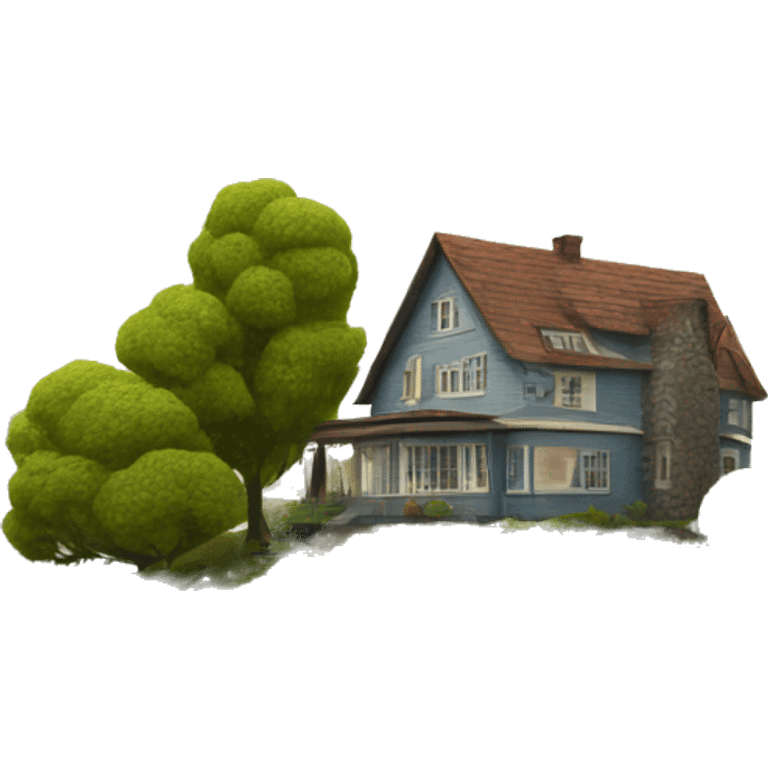 House next to a lake with trees on the banks in a realist style  emoji