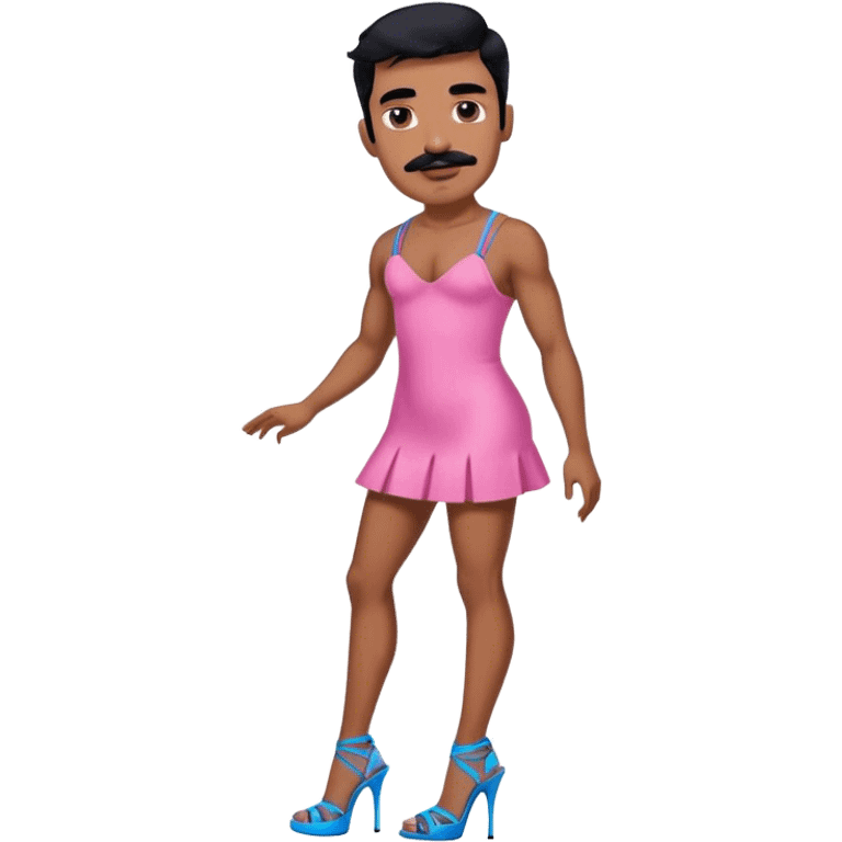 Man in a pink mini dress and blue strappy high heels with black hair and black mustache and brown skin emoji