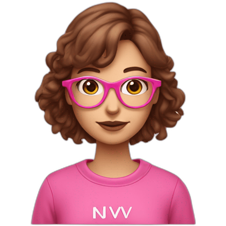 Graphic designer girl with brown hair in pink glasses wearing pink sweatshirt with text NV Designe on it emoji