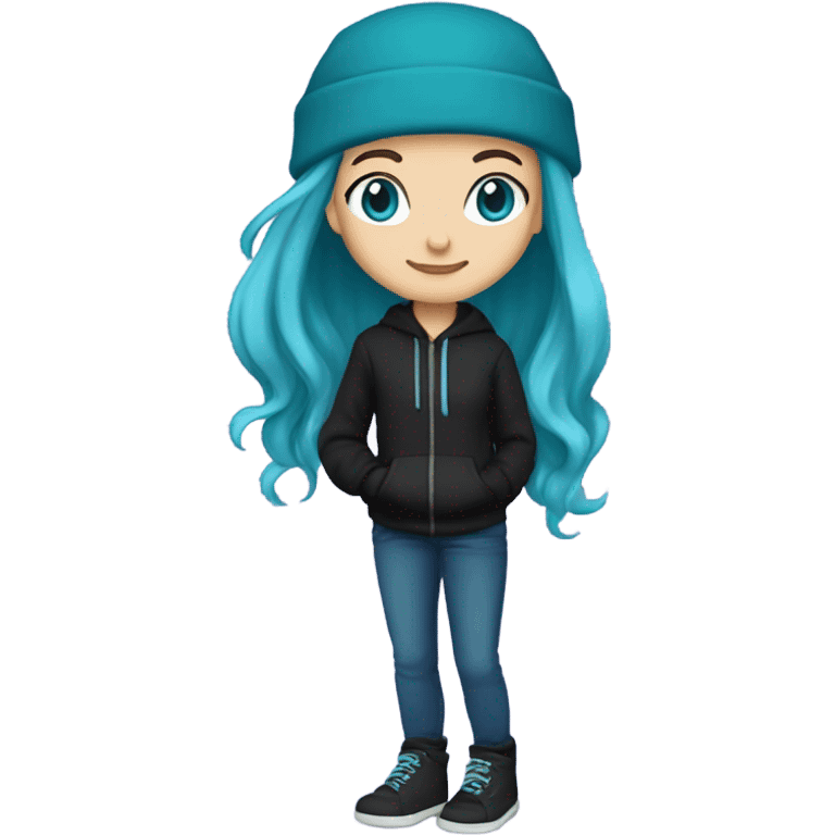 White girl, blue eyes, long teal hair, purple beanie hat, black hoodie, blue jeans, black shoes emoji