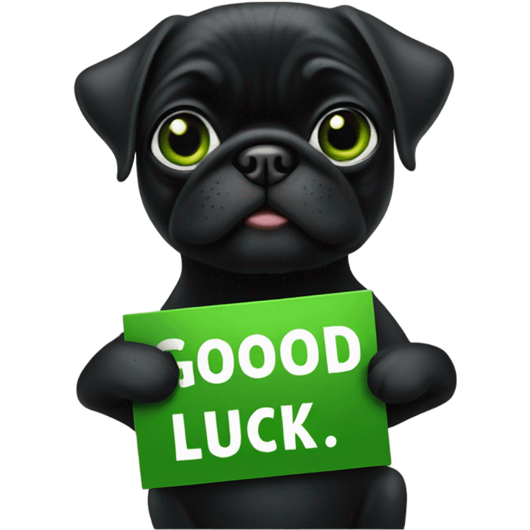 Black pug holding a green sign that says good luck  emoji