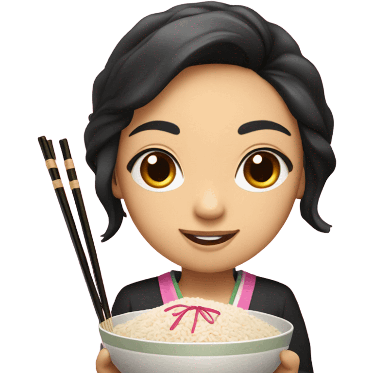 Asian girl with small eyes and black long hair with pink highlights smiles while holding rice bowl and chopsticks emoji