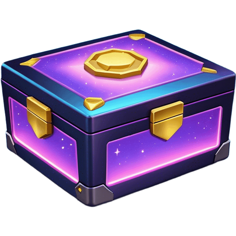 Clash of Clans aesthetic: Cinematic Playful Sci-fi Loot Crate Emoji, rendered in a 3D vector-style similar to standard emojis with minimal shading and bold, simplified shapes. A compact, futuristic storage box with sleek metallic panels and digital accents, softly glowing with a cosmic treasure charm. Simplified yet unmistakably iconic, highly detailed and consistent, glowing with a soft radiant shine and high gloss. Stylized with a touch of intergalactic mystery and a soft glowing outline, capturing the essence of a futuristic reward chest with a friendly, playful allure! emoji