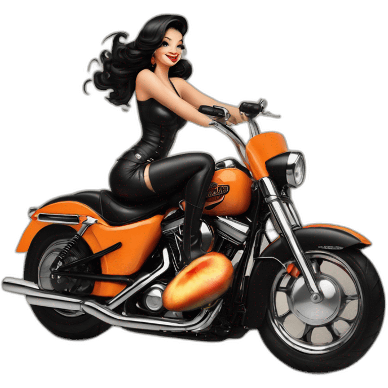 Peach in this style : pin-up pelirroja sobre moto Harley Davidson negra emoji