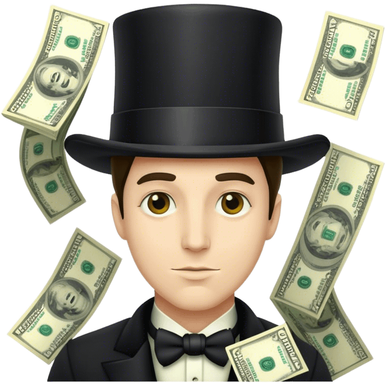 man wearing a tophat full of dollar bills emoji