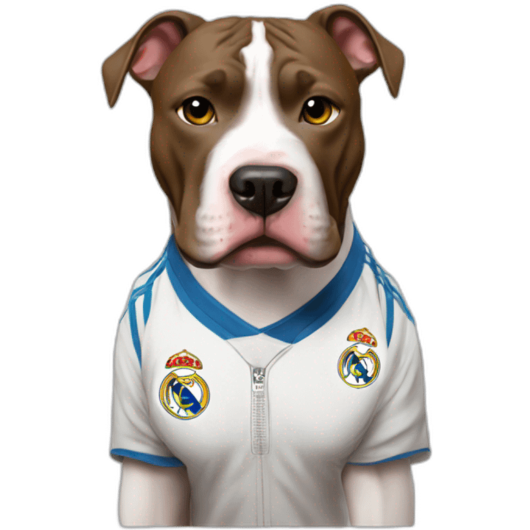 Perro pitbull con camiseta del Real Madrid saludando emoji