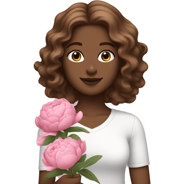 white girl with brown wavy hair holding pink peonies  emoji