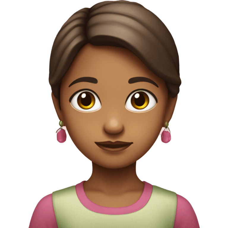 Niña con pelo marrón, ojos marrones, una polera rosa, y un cintillo de aguacate  emoji