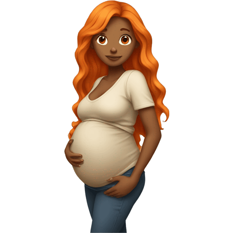 Tan girl with long orange hair holding pregnant stomach emoji