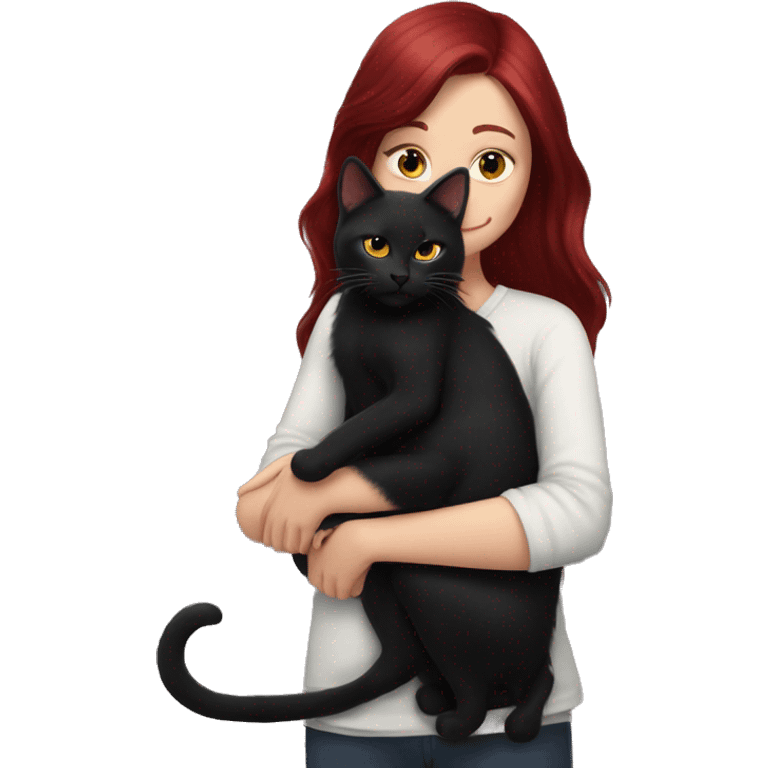 realistic girl with burgundy hair hugs a black cat emoji