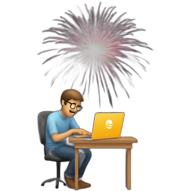 programmer working on laptop that shoots firework emoji