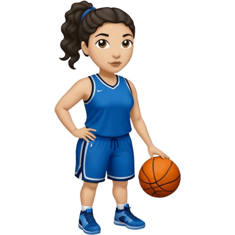 full body plus size light skin latino women basketball player with wavy dark hair in pony tail wide nose wearing blue uniform with green accent emoji