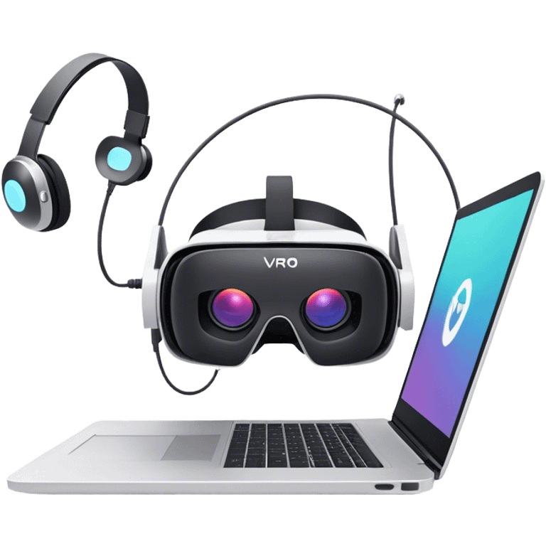 VR headset lying next to a laptop, connected by wires. On the laptop screen a VR/AR modeling program is opened. Floating 3D models or virtual objects. Modern, tech-inspired colors. No emojis or smiley faces. Transparent background. emoji