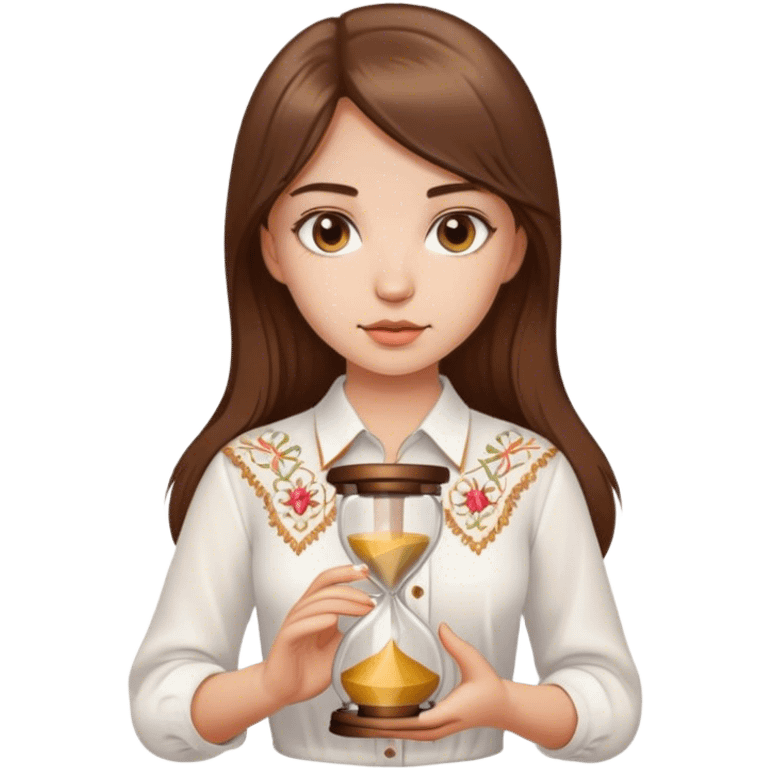 A Ukrainian girl with brown hair wearing a white embroidered shirt holds an hourglass in her hand emoji