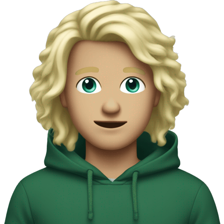 blonde hair blue eye guy with dark green hoodie and fluffy middle part hair emoji