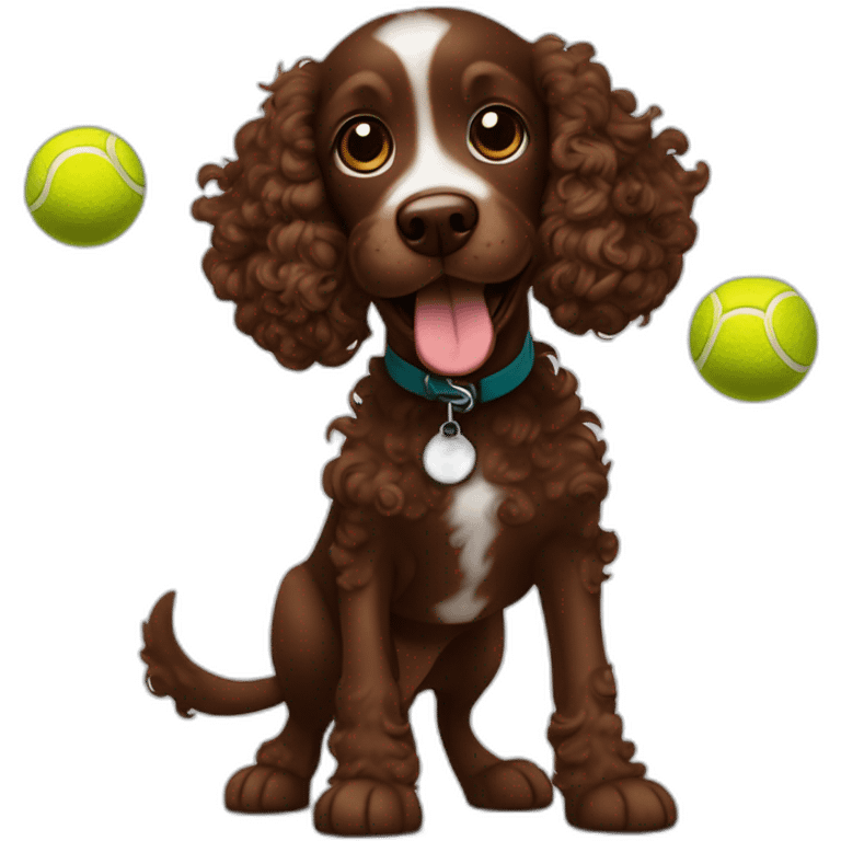 A chocolate colored curly doodle dog juggling three tennis balls emoji