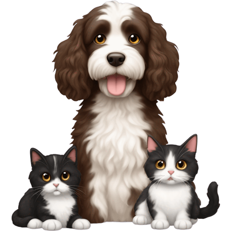 Australian labradoodle dark brown with two tuxedo cats and a calico cat emoji