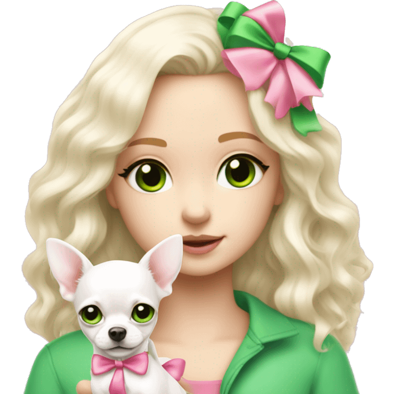 pale blond yt girl with wavy long platinum white hair with bright green eyes holding a white chihuahua puppy that wearing a pink bow emoji