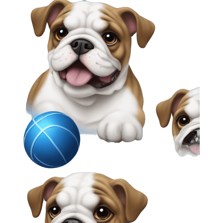 English bulldog playing with blue ball emoji