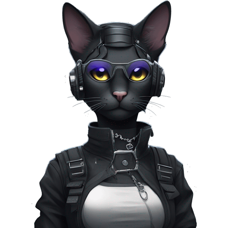 Gorgeous dark techwear cyberpunk style anthro cat sona, aesthetic, and pretty edgy black with collar and harness, trending style emoji