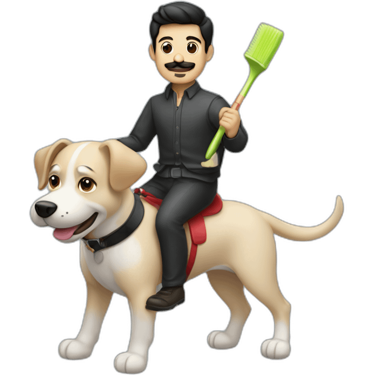 Men with short black hair and toothbrush moustache riding a dog emoji