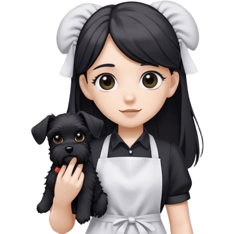 pale girl with long back hair wearing black long shirt wearing apron holding black floppy ear schnauzer emoji