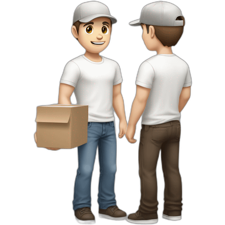 Pale skinned fit Man with dark brown hair in a light gray cap, dark brown jeans, brown polo and white T-shirt keeping a pasted with tape white box into his hands emoji