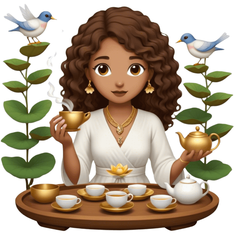 Light brown skin girl, long curly brown flat hair, gold jewelry, white dress, feeding birds with wooden tea ceremony tray with lotus flower emoji