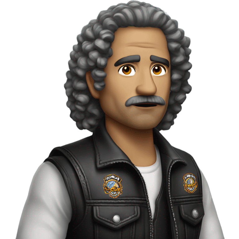 A middle-aged Mexican with curly hair. Wearing the vest of the Chosen Few motorcycle club emoji