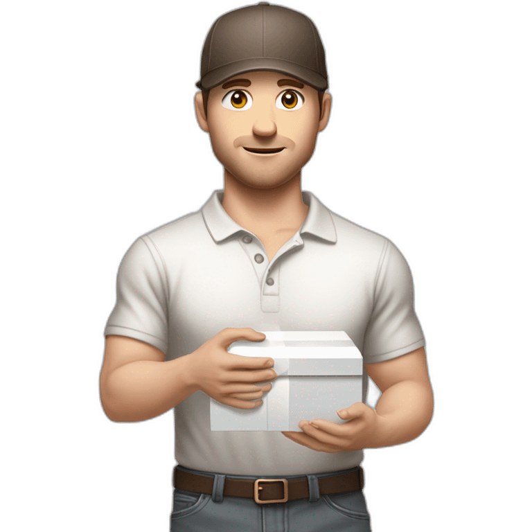 Pale skinned fit Man with dark brown hair in a light gray cap, dark brown jeans, brown polo and white T-shirt keeping a pasted with tape white box into his hands emoji