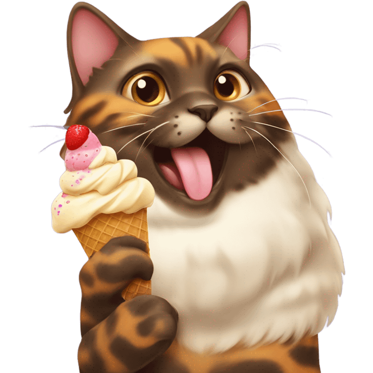 Fat Tortishell cat eating ice cream emoji