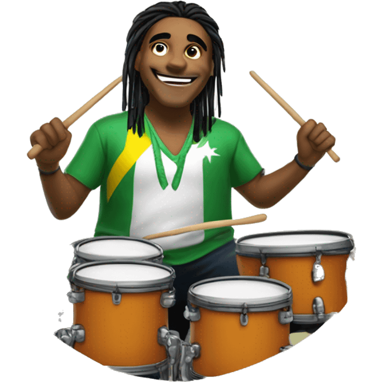 Create an image of a Brazilian drummer with tied hair, expressing joy while playing drums in his live stream. Include the logo "GG Lukas Drummer" in the background. emoji