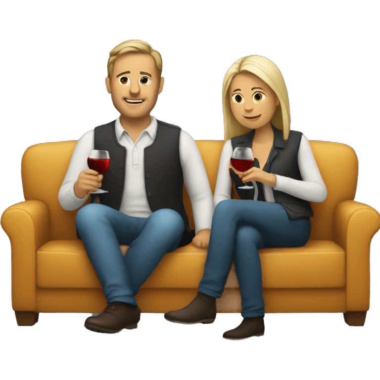 man and woman sitting on a couch drinking wine emoji